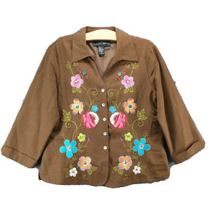 Silkland Women's Button-Up Jacket Brown XL Floral Embroidered Lined